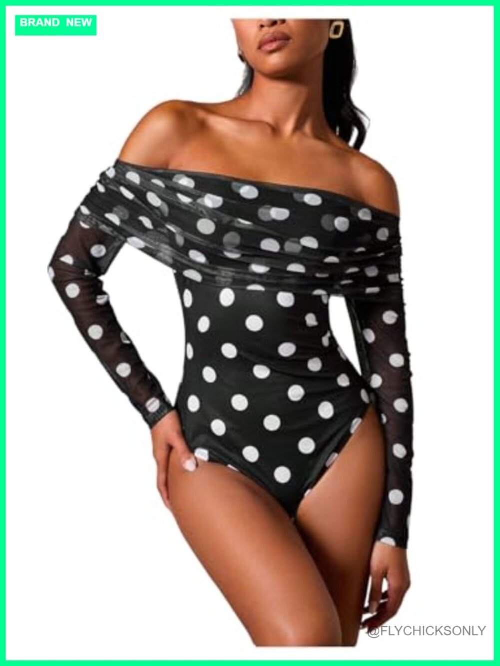 Polka Dots Off Shoulder Long Sleeve Bodysuit Ruched Going Out Top